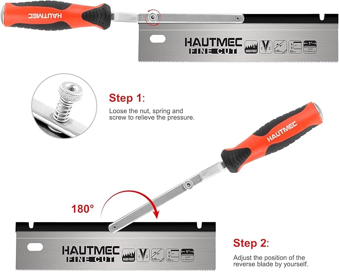 HAUTMEC 10" Reversible Dovetail Saw, Pro Flush Cut Jamb Saw, 12TPI Double Ground Teeth with Cranked Handle, Dual-Side Cutting Handsaw for Door Frames, Trim, and Flooring Installation – HT0234