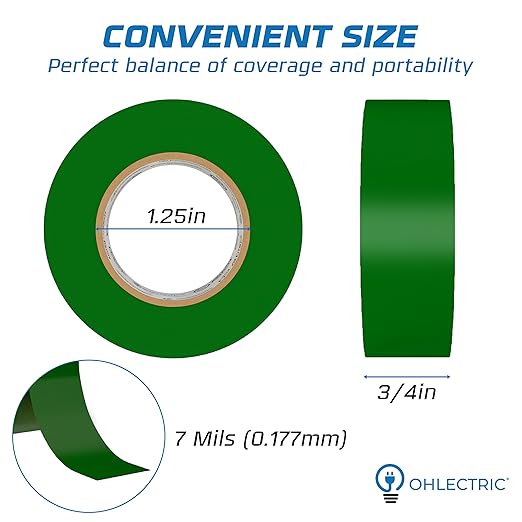 OHLECTRIC Professional Grade Vinyl Electrical Tape (10 Pack) Green - 7 Mil Thick Flame-Retardant, Heat & Weather Resistant 3/4 Inch x 60 Feet | Ideal for Contractors & Electricians
