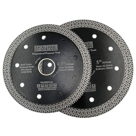 DT-DIATOOL Diamond Granite Blade 4 Inch and 4-1/2 Inch for Marble Porcelain Tile Ceramic Diamond Cutting Disc with Mesh Turbo Diamond Segments Pack of 2