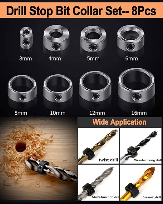 34 Pack Wood Working Chamfer Drilling Tools, 6 Countersink Drill Bit Set, 7 Counter Sinker Drill Bit Set, 8 Plug Cutters for Wood, 8 Drill Stop Bit Collar Set and 3 Step Drill Bits.