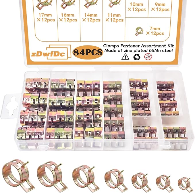 84PCS 7-17mm Fuel Line Hose Clamps Spring Clamp Silicone Vacuum Wire Air Pipe & Bushing Automotive Replacement Fastener Selection Kit DD006-c