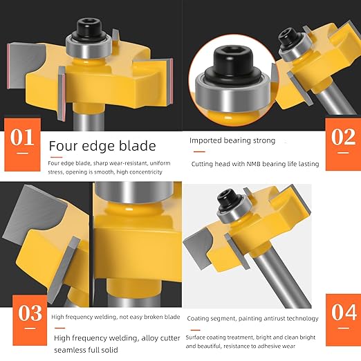 3PCS 1/4 Bearing T Knife Bit of The Four Edges Four Blade Slot Engraving Router planing Head Wood Cutter Woodworking Tools Carving Cutting Tool