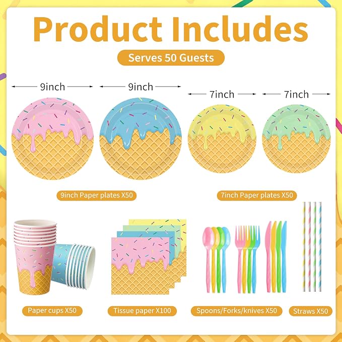 450 Pcs Ice Cream Tableware Set Decorations Summer Ice Cream Cone Paper Plates - Image 2