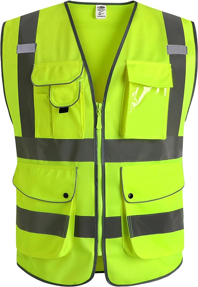 JKSafety 9 Pockets Class 2 High Visibility Zipper Front Safety Vest With Reflective Strips,Meets ANSI/ISEA Standard (X-Large, Yellow)