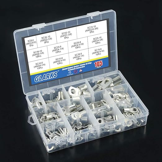 Glarks 105Pcs 12 Type Heavy Duty Wire Lugs Battery Cable Tinned Copper Eyelets Tubular SC Ring Terminals Connectors with Spy Hole Assortment Kit