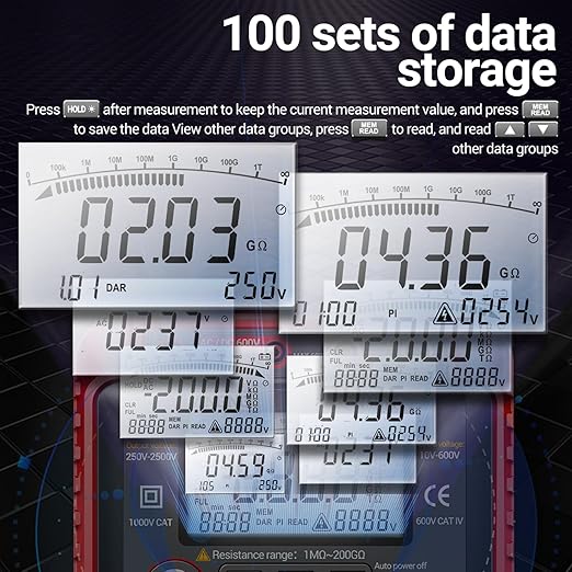 MH13 250V-2500V Digital Insulation Resistance Tester 1MΩ-200GΩ Megger Megohm Testing Meter Auto Range 2000 Counts LCD Display 10V~600V AC/DC Voltmeter with 100 Data Storage