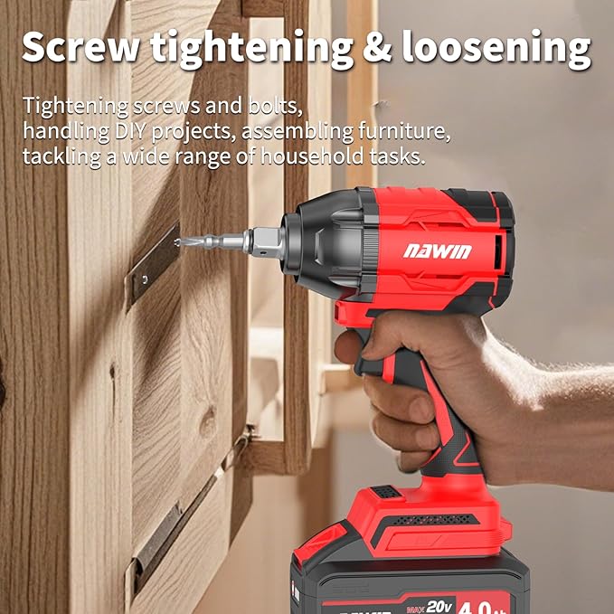 NAWIN Cordless Impact Wrench, 258Ft-lbs & 350Nm Power Impact Socket Set, 1/2 inch, Multi-Speed Adjustment, Led Light, 20V Impact Wrench with 2×4.0Ah Battery, Fast Charger