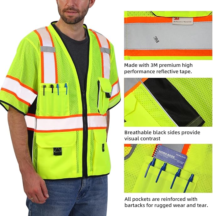 Dib Safety Reflective Mesh Vest ANSI Class 3, High Visibility with Pockets and Zipper, Made with 3M Reflective Tape, Yellow L