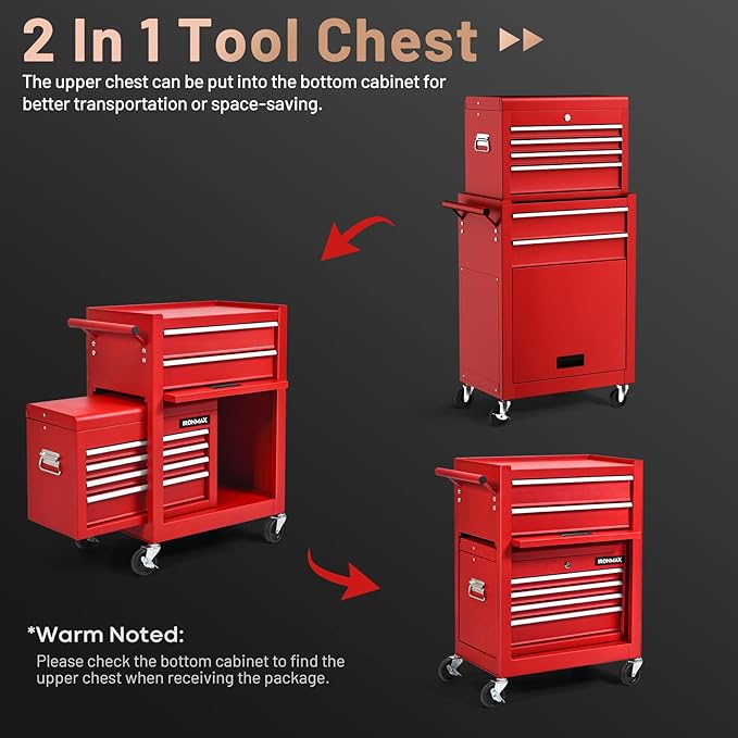 S AFSTAR 6-Drawer Rolling Tool Chest, High Capacity Tool Storage Cabinet with 4 Hooks, Locking System and Universal Wheels, 2-in-1 Detachable Large Toolbox for Garage Workshop (Red)