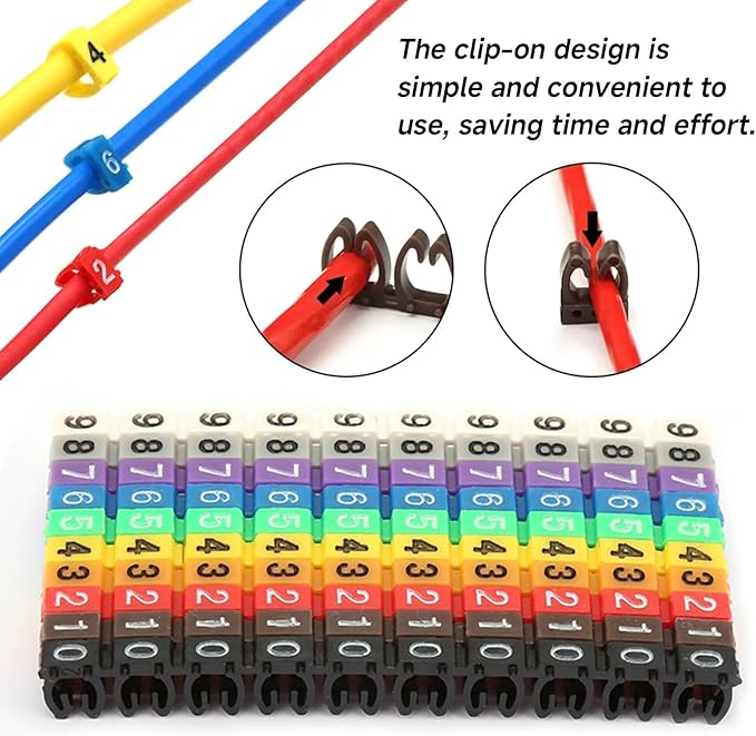 Wire Number Labels, 0.2 x 0.2in Colorful Wire Number Tube Cable Marker, Digital Number Clip on Wire Marker, Plastic Wire Numbering Marker for Wires Management, 100Pcs