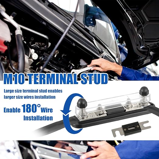 BOJACK ANL Fuse Holder with 500 Amp ANL Fuse, ANL Fuse Block with 2 Pieces 500A ANL Fuse, M10 Stud Terminals Maximum Current 750A, for Trucks, Cars, Ships, etc.