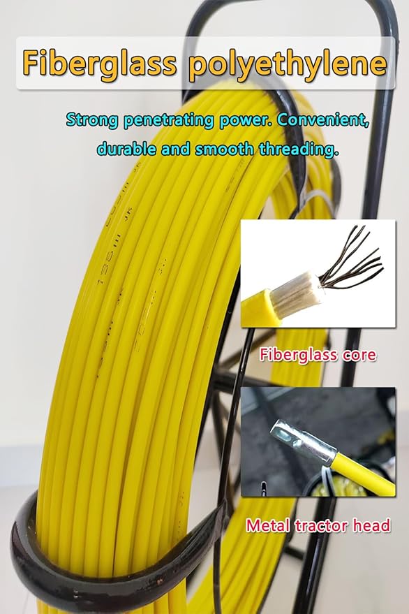 Fish Tape Fiberglass 6mm 656ft Duct Rodder Fish Tape Pulling Tool fish tape wire puller Cable Running Rod with Steel Reel Stand 【6mm*200m】