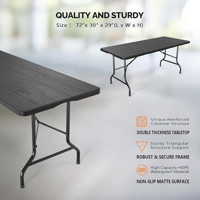 VINGLI 6 Foot Plastic Folding Table Portable Long Table - Image 3