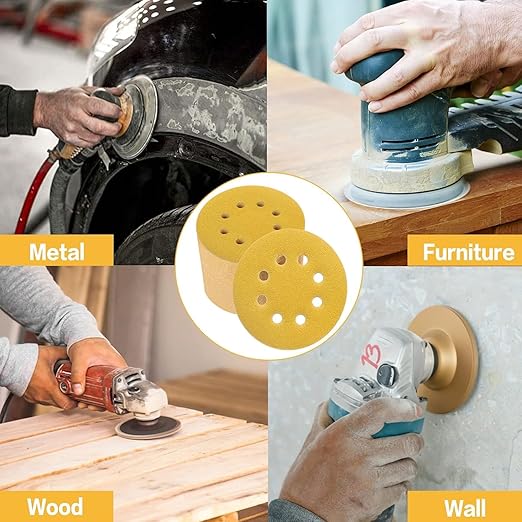 110PCS 5 Inch 8 Hole Sanding Discs,Gold Round Hook and Loop Sandpaper for Random Orbital Sander(60 80 100 120 150 180 240 320 400 600 800 Mix Grit)