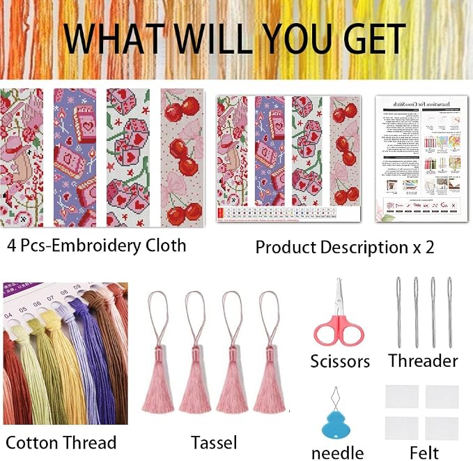4 Pack Pink Cross Stitch Bookmark Kit - Image 4