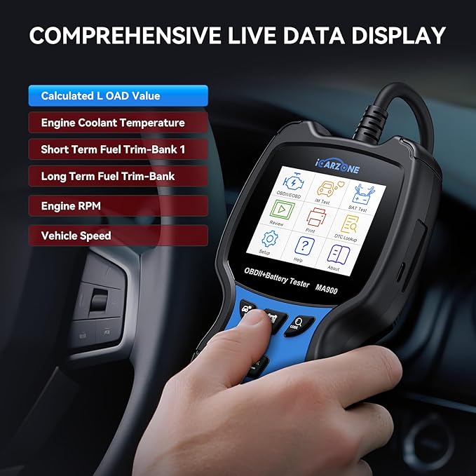 MA900 Battery Tester + OBD2 Scanner 2 in 1, 12V 24V 100-2000CCA Accurate & Instant Battery Health Diagnostic Tool with OBFCM Test I/M Test, Charging & Cranking Analyzer for Car, Motorcycle