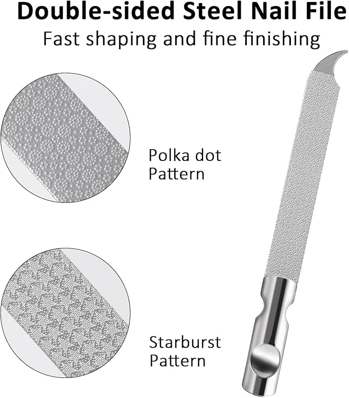 Metal Nail Files for Natural Nails, Mabor 2Pcs Stainless Steel Fingernail File with Pointed Tip Professional Double Sided Curved Filer for Nails Travel with PU Leather Case