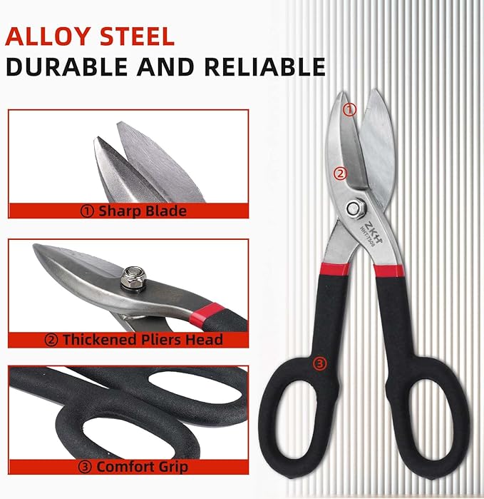 ZKH 8 Inch Tin Snips, Alloy Steel Forged Heavy Duty Metal Shears with Comfortable Two-Color PVC Dipped Plastic Handle, Metal Snips for Cutting Sheet Metal