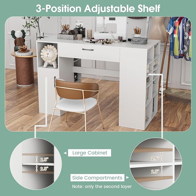 Giantex Craft Table with Storage, Large Drawer, Cabinet with 2 Shelves - Image 6