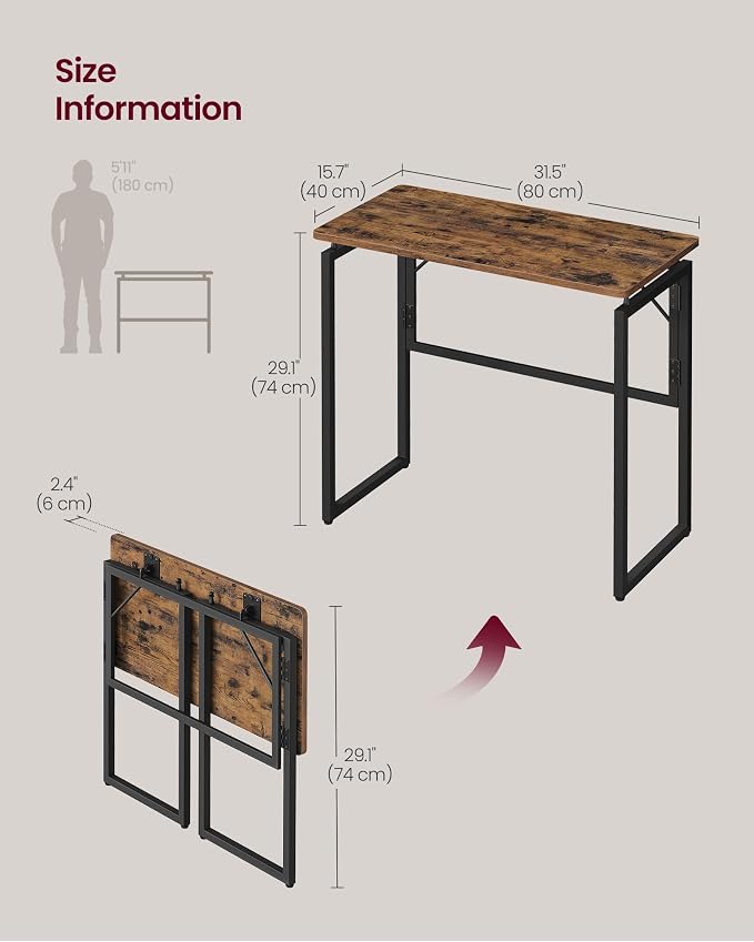 VASAGLE Folding Desk, Foldable Computer Desk, One-Piece Desktop, Rounded Edges - Image 3