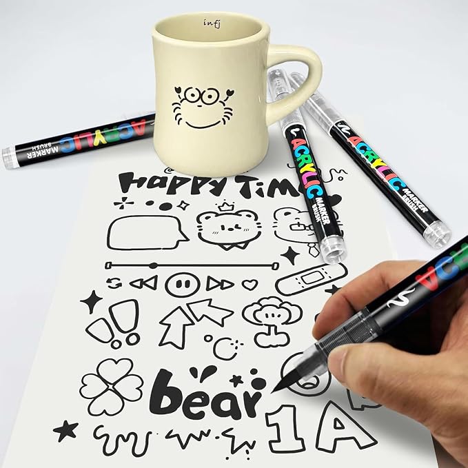 Surcotto 12 PCS Black Acrylic Paint Markers, Soft Brush Tip Acrylic Paint - Image 6