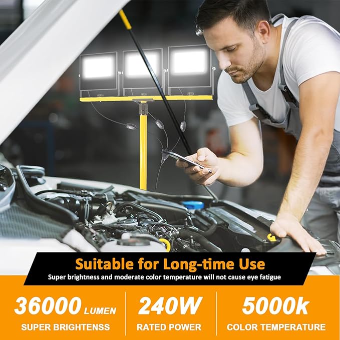 36000Lumen LED Work Lights with Stand - 3 Head Foldable Stand Work Light with 16FT Cord - IP67 Waterproof Tripod Lights for Outdoor Indoor Job Site Workshop Garage Construction Site Lighting