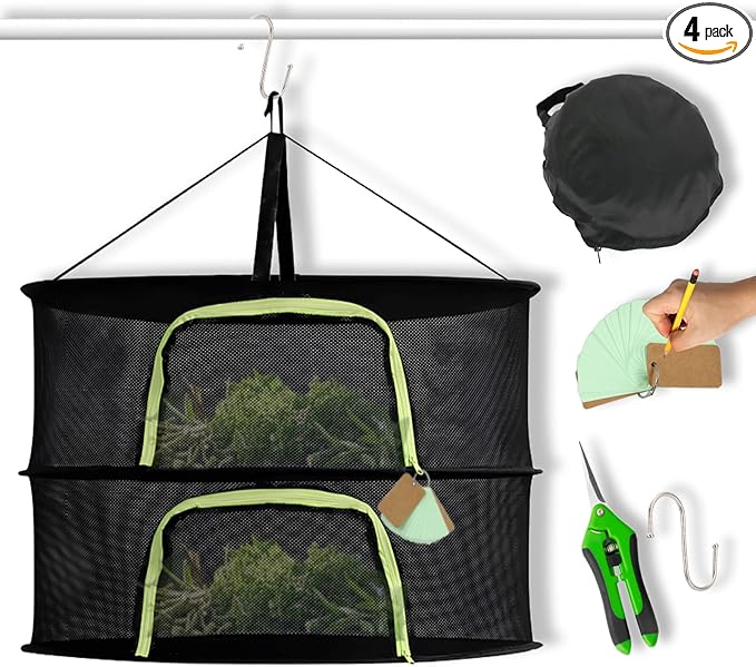2 Layer 24" Herb Drying Rack Hanging with Garden Pruning Shears, Large Zipper, Hook & Notepad, Foldable Drying Rack for Herbs, Spices & Seasonings, Hanging Herb Dryer Indoor Outdoor