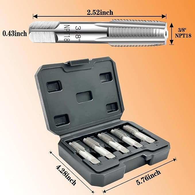 5-Piece NPT Pipe Tap Set, Precision Carbon Steel NPT Tap Thread Cutting Brill Bits Set for Clean Accurate Threads, 3/8" NPT Tap, Perfect for Plumbers Mechanics DIYers, with Durable Plastic Case.