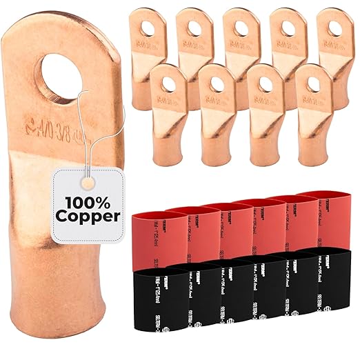 SELTERM 10pcs - 4/0 Awg - 3/8" Stud - Battery Lugs - Ring Terminal Connectors | with 12pcs 3:1 Black & Red Heat Shrink Tubing with Adhesive | Heavy Duty Battery Cable Ends - Bare Copper Wire Lugs Kit