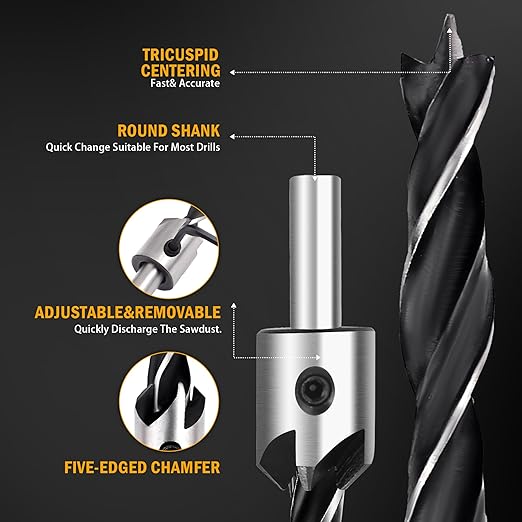 Countersink Drill Bit Set, 7Pcs Sinker Drill Bits M2 HSS, with 1/4" Standard Shank and Allen Wrench, Counter Sink Bit for Woodworking and Carpentry, Pilot Screw Hole Set
