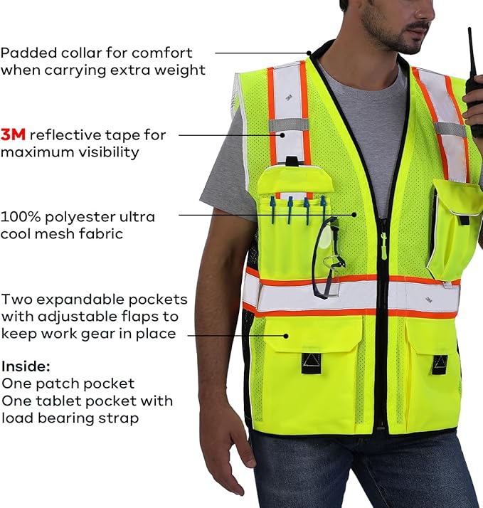 Neopelta Reflective Safety Vest Yellow Mesh, Made with 3M Reflective Tape, Heavy Duty Vest with ID pocket, Padded Neck, Yellow L