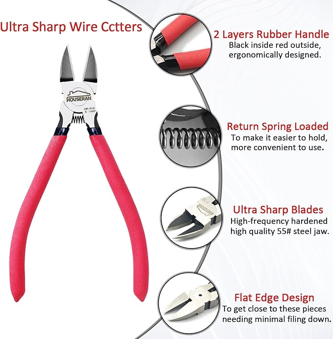 6 inch Side Cutters - Diagonal and Spring Loaded Wire Cutters with Non-slip Red Handle, Ideal for Jewelry, Crafting, Zip Tie, Heavy Duty