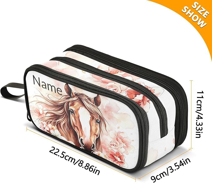 Custom Brown Horse Flower Pencil Case Box Boys Girls Personalized Name Large - Image 7
