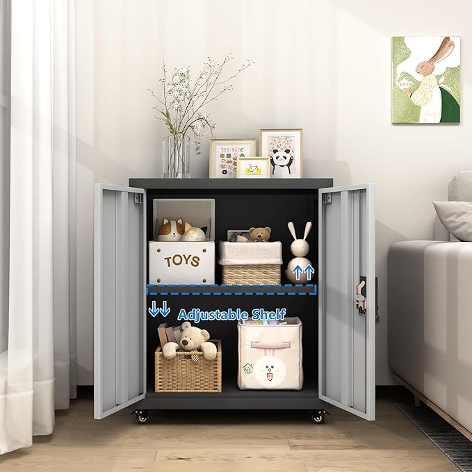 GREATMEET Metal Storage Cabinet with Locking Doors,Steel Storage Cabinet with Wheels Suit for Home Office with 1 Adjustable Shelf for Files, Black&Grey