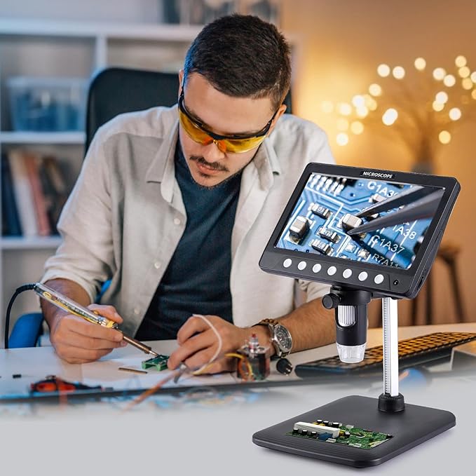 7 Inch 1080P Digital Microscope,1200X Magnification,8 LED Lights,32GB TF Card Included, Rechargeable Battery, Handheld USB Microscope Camera for PCB Repair,Soldering, Coin,Stamp,Jewelry Inspection