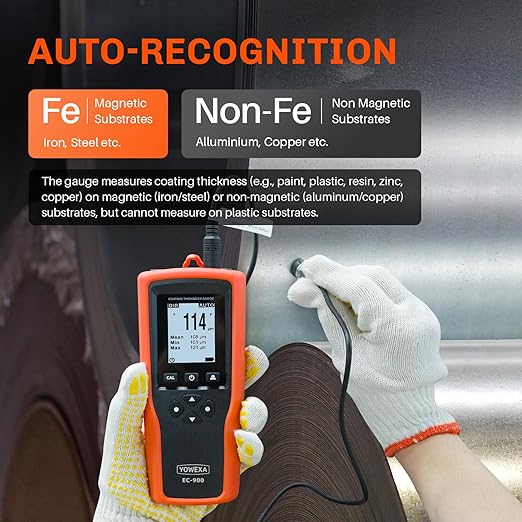EC-900 Professional Coating Thickness Gauge with External Ruby Wear-Resistant Probe, Paint Depth Meter with Fe 0-5000μm, Non-Fe 0-3000μm Measuring Range, USB Data Transfer