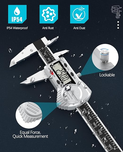 Digital Caliper 6 inch,(ABS) Absolute Scale Caliper,IP54 Caliper Measuring Tool, Inch/MM, Auto-Off LCD Stainless Steel Waterproof Micrometer Vernier Caliper, with Steel Ruler, Silver