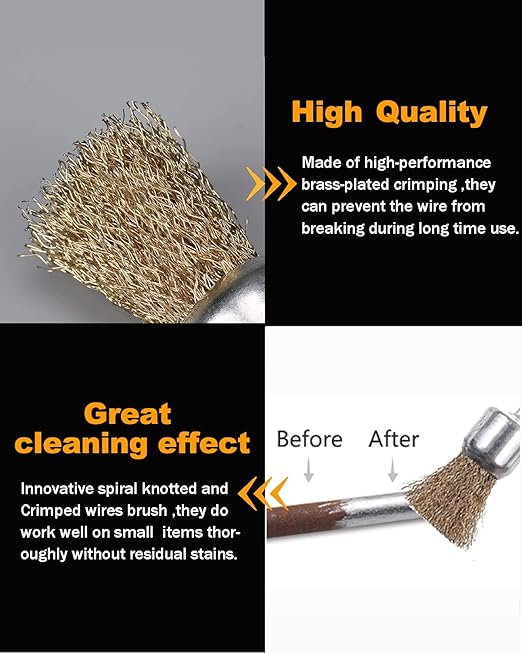 Rocaris 15 Pack Brass Coated Wire Brush Wheel & Cup Brush Set with 1/4-Inch Shank, 3 Sizes Coated Wire Drill Brush Set Perfect for Removal of Rust/Corrosion/Paint