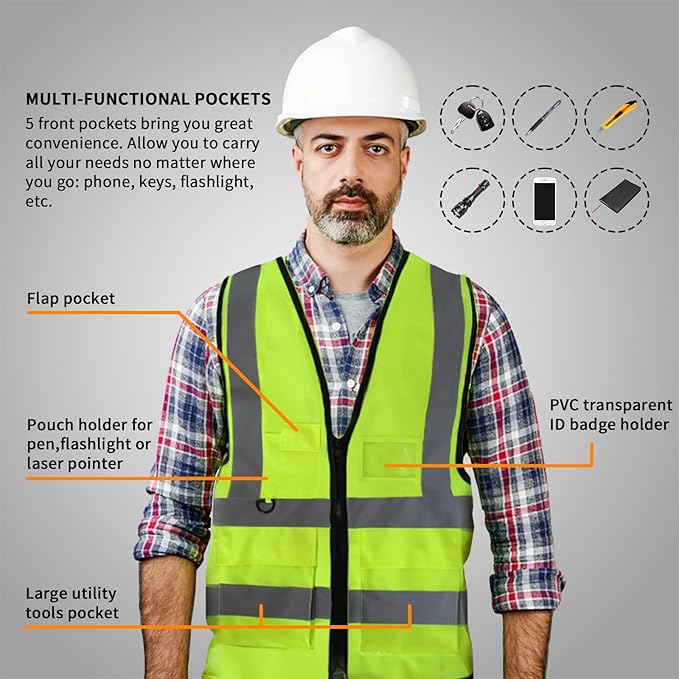 Safety Vests,Hi Vis Vest Reflective Vest with 5 Pockets and Zipper for Men Women, Neon Working Vest for Outdoor One Size