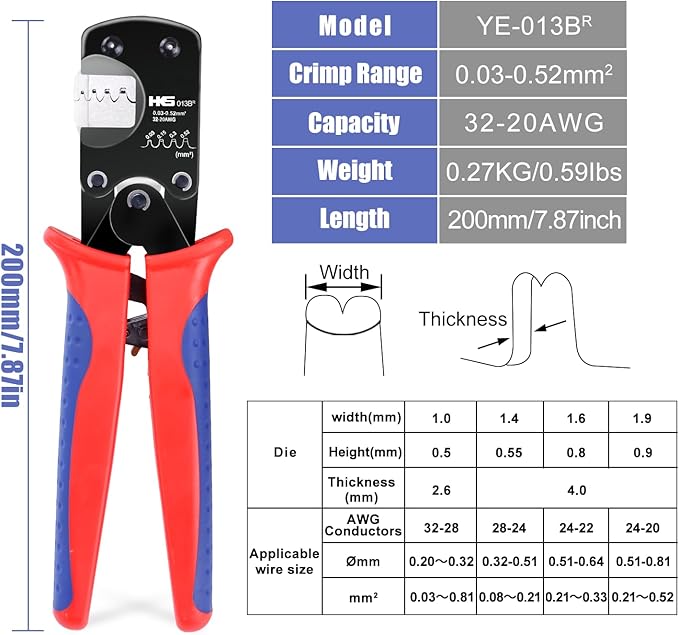 HKS Open Barrel Micro Pin Connectors Crimping Tool 0.03-0.52mm² 32-20 AWG Ratcheting Crimper for D-Sub, for Molex JST TE & JAE