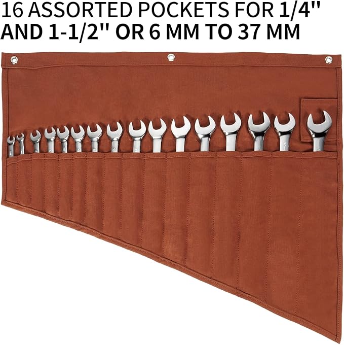 Tool Organizers,16 Pocket Wrench Pouch,Metric or SAE,Wrench Bag and Wrench Roll Up Pouch,Used for Wrench Organization and Tool Storage(Reddish brown)