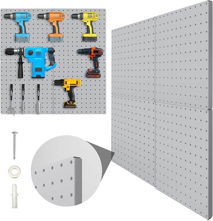 Peg Board, 4 Pack Metal Pegboard Panels Grey Pegboards Wall Organizer with Bent Frame Large Heavy Duty Peg Board for Walls Home, Garage Tool Storage, Office Organization, Craft Room, Kitchen