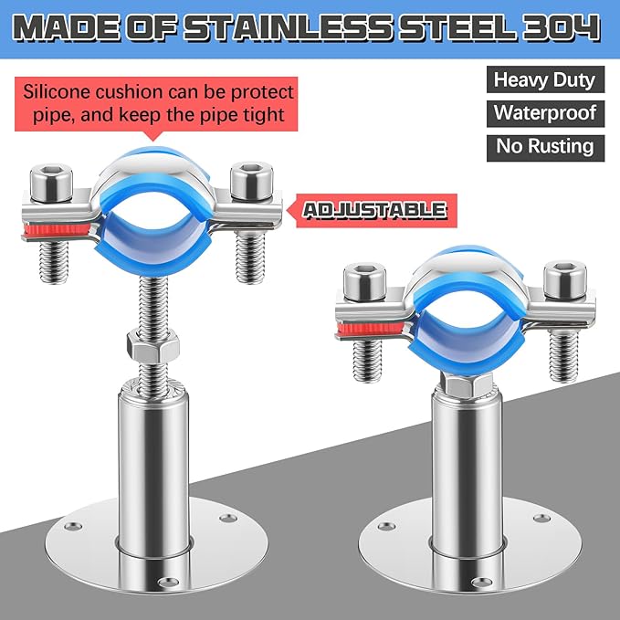 8 Pcs 304 Stainless Steel Wall Mount Ceiling Mount Pipe Supports Bracket, Suitable for OD 3/4"(25-28mm), Adjustable Height 50-100mm, Adjustable Pipe Strap Clamp with Screws and Screwdriver