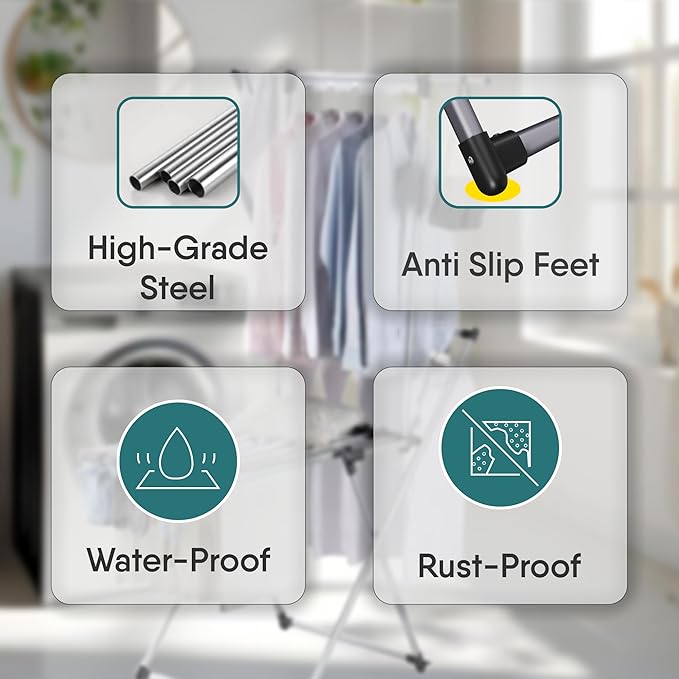 Clothes Drying Rack with Sock Clip, No Assembly, Telescopic Hanging Rod for Long Clothing, Metal Construction, Non-Slip Feet, Hidden Wheels, Foldable, Portable, For Laundry Room, Indoor & Outdoor