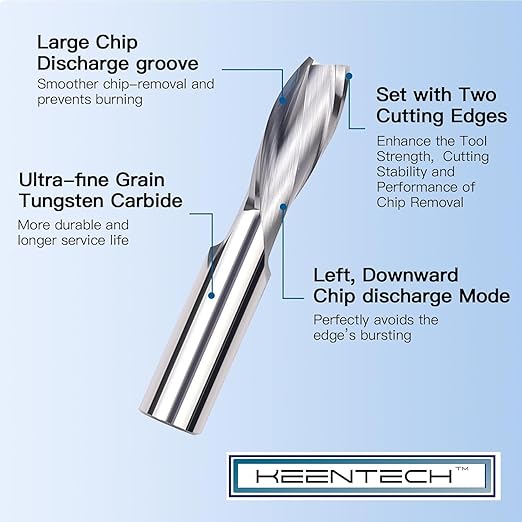 KEENTECH 1/2" Shank Downcut 2 Flute Flat Tip Sprial Router Bit for CNC Router Machine, 1/2" Cutting Diameter, 1-1/2" Cutting Depth, for Wood Cutting, Custom Furniture, Slot Mortise, Engraving