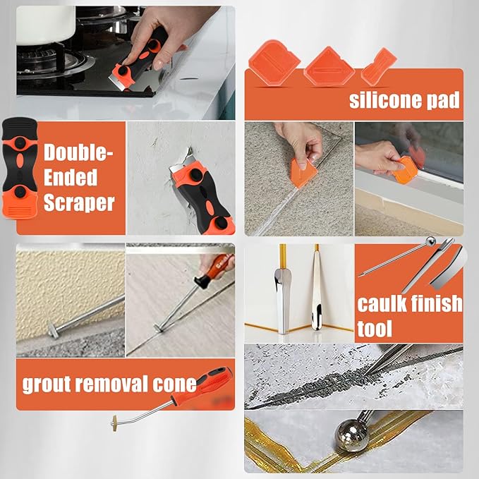 Caulking Tool Kit, Stainless Steel Caulk Remover Caulking Tool Set with Cut Resistant Gloves, Scraper, Silicone Caulking Tools, 4 in 1 Caulking Finishing Tool for Bathroom Kitchen Living Room