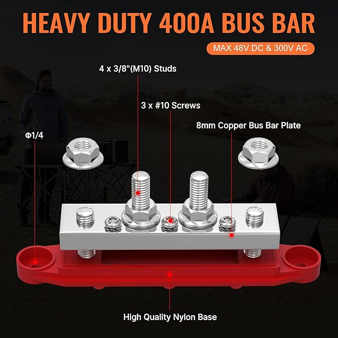 Joinfworld 400A Bus Bar 12V Power Distribution Block with 4 x 3/8" Studs 12 Volt Marine Copper Battery Busbar Terminal Block for Car, Boat, Automotive, RV, Solar Wiring - Negative&Positive