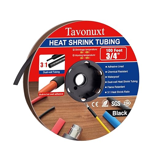 3/4" 100ft 3:1 Heat Shrink Tubing with Adhesive Lining - Marine Grade, Ideal for Home, Automotive, and Industrial Use - Black