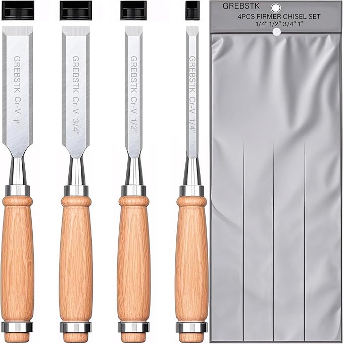 GREBSTK 4 Pcs Wood Chisel Set, CRV Steel Bevel Sharp Edge Bench Chisels with Safety Caps, Comfortful Beech Handle, for Woodworking and DIY Projects, 9.5"x(1/4", 1/2", 3/4", 1")