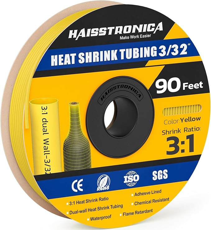 haisstronica 3:1 Heat Shrink Tubing, Shrink Ratio Adhesive Lined Marine Grade Heat Shrink Tube for Home, Automotive and Industrial (Yellow) 90FT 3/32inch